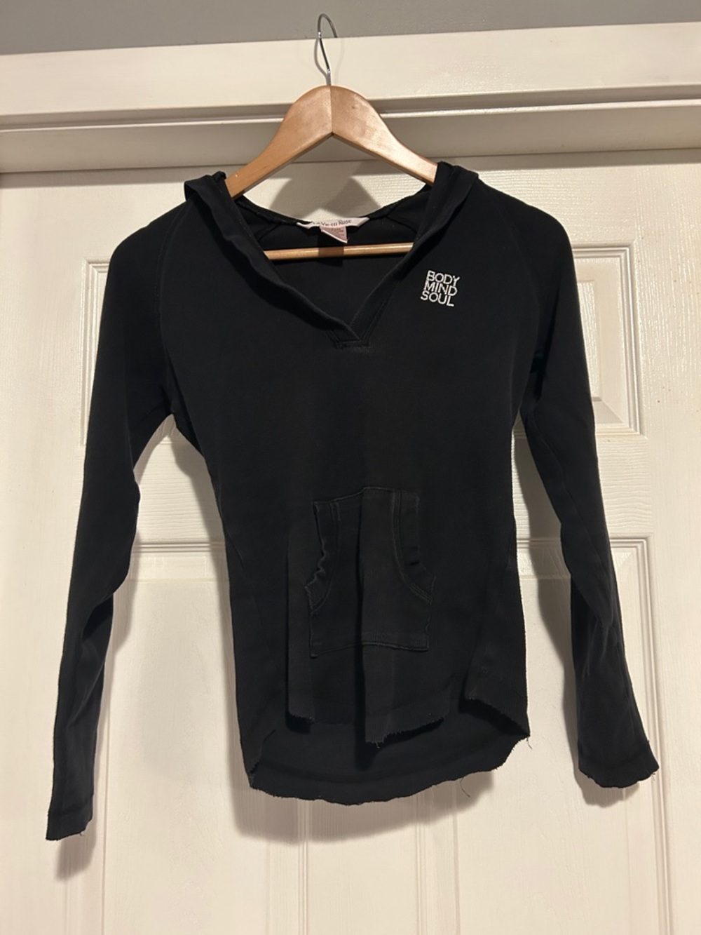 La Vie En Rose Black V-Neck Hooded Pullover with Embroidered Logo